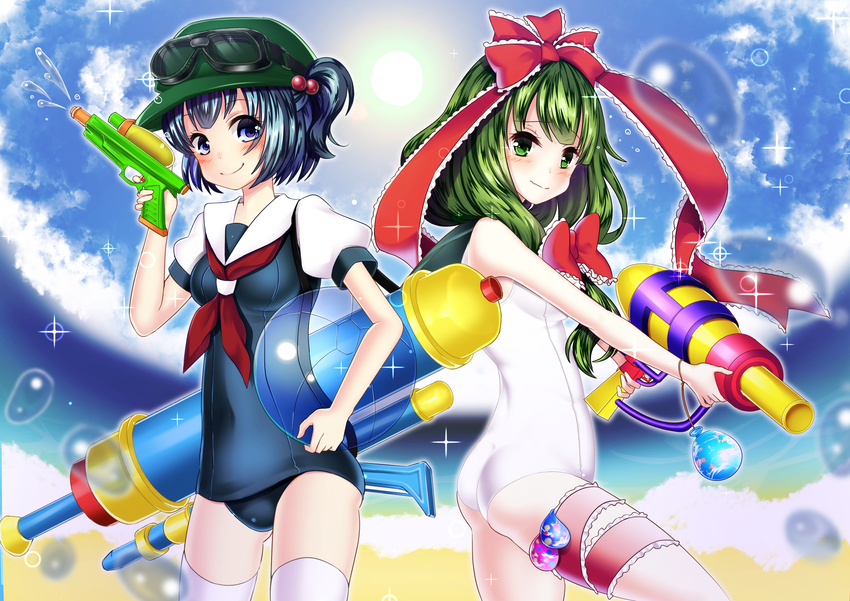 absurdres ascot ass awasete0 ball bare_shoulders beachball blue_eyes blue_hair blue_sky blue_swimsuit blush bow breasts cloud cloudy_sky day embarrassed eyebrows eyebrows_visible_through_hair from_side front_ponytail green_eyes green_hair hair_bobbles hair_bow hair_ornament hair_ribbon hat highres holding kagiyama_hina kawashiro_nitori leg_ribbon long_hair looking_at_viewer medium_breasts multiple_girls old_school_swimsuit one-piece_swimsuit puffy_short_sleeves puffy_sleeves ribbon school_swimsuit short_hair short_sleeves short_twintails sky smile sparkle sun swimsuit touhou twintails two_side_up water water_balloon water_drop water_gun white_school_swimsuit white_swimsuit