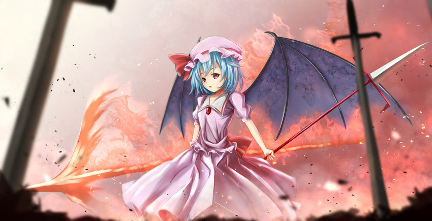 :o bat_wings blue_hair blurry brooch commentary_request cowboy_shot depth_of_field dual_wielding hat hat_ribbon highres holding jewelry looking_at_viewer mob_cap pink_shirt pink_skirt planted_sword planted_weapon polearm puffy_short_sleeves puffy_sleeves red_eyes red_ribbon remilia_scarlet ribbon shirt short_hair short_sleeves sinkai skirt skirt_set solo spear spear_the_gungnir sword touhou weapon wings