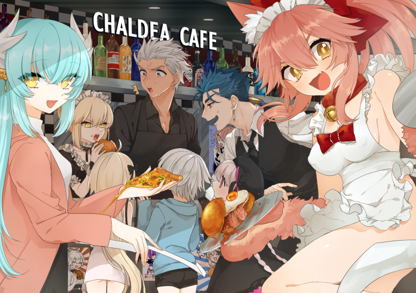 /\/\/\ 2boys 6+girls ahoge animal_ear_fluff animal_ears apron aqua_hair archer artoria_pendragon_(all) artoria_pendragon_(swimsuit_rider_alter) asymmetrical_hair bacon bell bell_collar black_dress black_hat blonde_hair blue_hair blush braid breasts brown_eyes cat_hair_ornament cat_paws cleavage collar cu_chulainn_(fate/grand_order) dark_skin dark_skinned_male dragon_girl dragon_horns dress earrings eating egg erect_nipples eyebrows_visible_through_hair eyes_closed fangs fate/grand_order fate/stay_night fate_(series) food fox_ears fox_shadow_puppet french_braid glasses gloves gothic_lolita green_hair hair_ornament hair_ribbon hamburger hat highres horns indoors jack_the_ripper_(fate/apocrypha) japanese_clothes jeanne_d'arc_(fate)_(all) jeanne_d'arc_alter_santa_lily jewelry jingle_bell kimono kiyohime_(fate/grand_order) lancer large_breasts lolita_fashion long_hair looking_at_viewer maid_headdress miyamoto_musashi_(fate/grand_order) multiple_boys multiple_girls naked_apron necktie nursery_rhyme_(fate/extra) one_eye_closed onnanokofish open_mouth paw_gloves paws pink_hair pizza ponytail poster_(object) purple_dress purple_eyes purple_hair red_eyes red_ribbon ribbon sash scathach_(fate)_(all) scathach_skadi_(fate/grand_order) short_hair sideboob silver_hair sweat tamamo_(fate)_(all) tamamo_cat_(fate) tamamo_no_mae_(fate) tomoe_gozen_(fate/grand_order) twin_braids very_long_hair white_hair white_kimono yellow_eyes