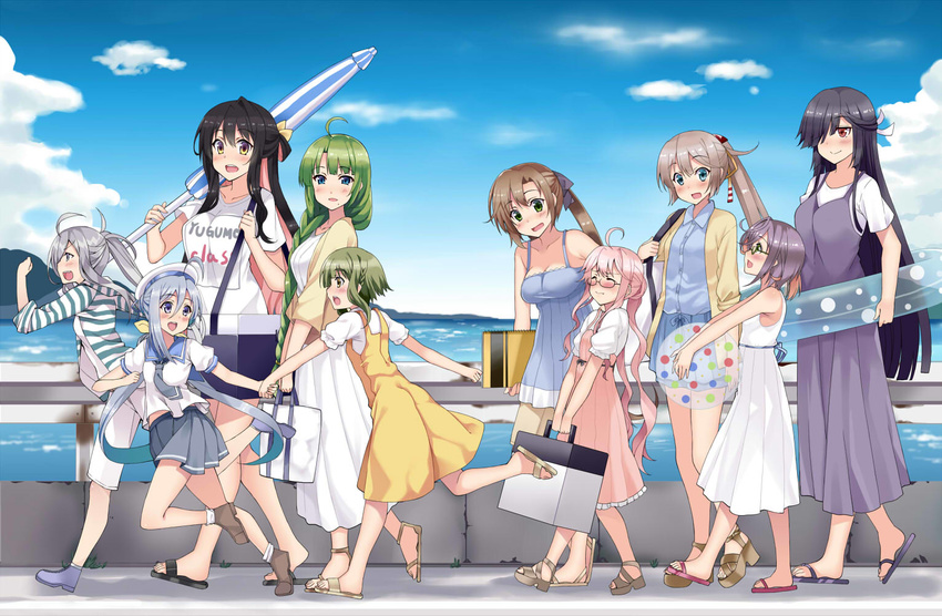 :d ahoge akigumo_(kantai_collection) alternate_breast_size alternate_costume ankle_boots asashimo_(kantai_collection) bag ball bangs bare_arms bare_shoulders beach_umbrella beachball beret black_hair blue_dress blue_eyes blue_hair blue_ribbon blue_skirt blue_sky blunt_bangs blush book boots bow box braid breasts carrying carrying_over_shoulder casual cleavage closed_eyes closed_umbrella clothes_writing cloud collarbone collared_shirt day dress eye_contact eyebrows eyebrows_visible_through_hair flip-flops frilled_dress frills from_side full-face_blush full_body glasses green-framed_eyewear green_eyes green_hair hair_bow hair_over_one_eye hair_over_shoulder hair_ribbon handbag hat hayashimo_(kantai_collection) height_difference high_heels holding holding_ball holding_book holding_hands horizon horizontal_stripes innertube jacket kantai_collection kazagumo_(kantai_collection) kiyoshimo_(kantai_collection) kusano_(torisukerabasu) layered_skirt long_dress long_hair long_ponytail long_sleeves looking_afar looking_at_another looking_at_viewer looking_back looking_down looking_to_the_side looking_up low_twintails makigumo_(kantai_collection) md5_mismatch medium_breasts multicolored_hair multiple_girls naganami_(kantai_collection) neckerchief no_socks ocean okinami_(kantai_collection) open_clothes open_jacket open_mouth outdoors outstretched_arm over_shoulder pants path pink_dress pink_hair pleated_dress pleated_skirt polka_dot ponytail puffy_short_sleeves puffy_sleeves purple_bow purple_dress purple_footwear railing red_eyes ribbon rimless_eyewear road round_teeth running rust sailor_collar sandals school_uniform serafuku shirt shore short_hair short_hair_with_long_locks short_sleeves shorts sidelocks silver_hair single_braid sketchbook skirt sky sleeveless sleeveless_dress sleeves_past_elbows sleeves_rolled_up smile socks striped striped_jacket summer sundress surprised takanami_(kantai_collection) tareme teeth transparent twintails two-tone_hair umbrella v_arms very_long_hair walking water wavy_hair white_dress white_legwear white_pants white_ribbon white_shirt white_shorts wince wing_collar yellow_dress yellow_eyes yellow_jacket yellow_ribbon yuugumo_(kantai_collection)