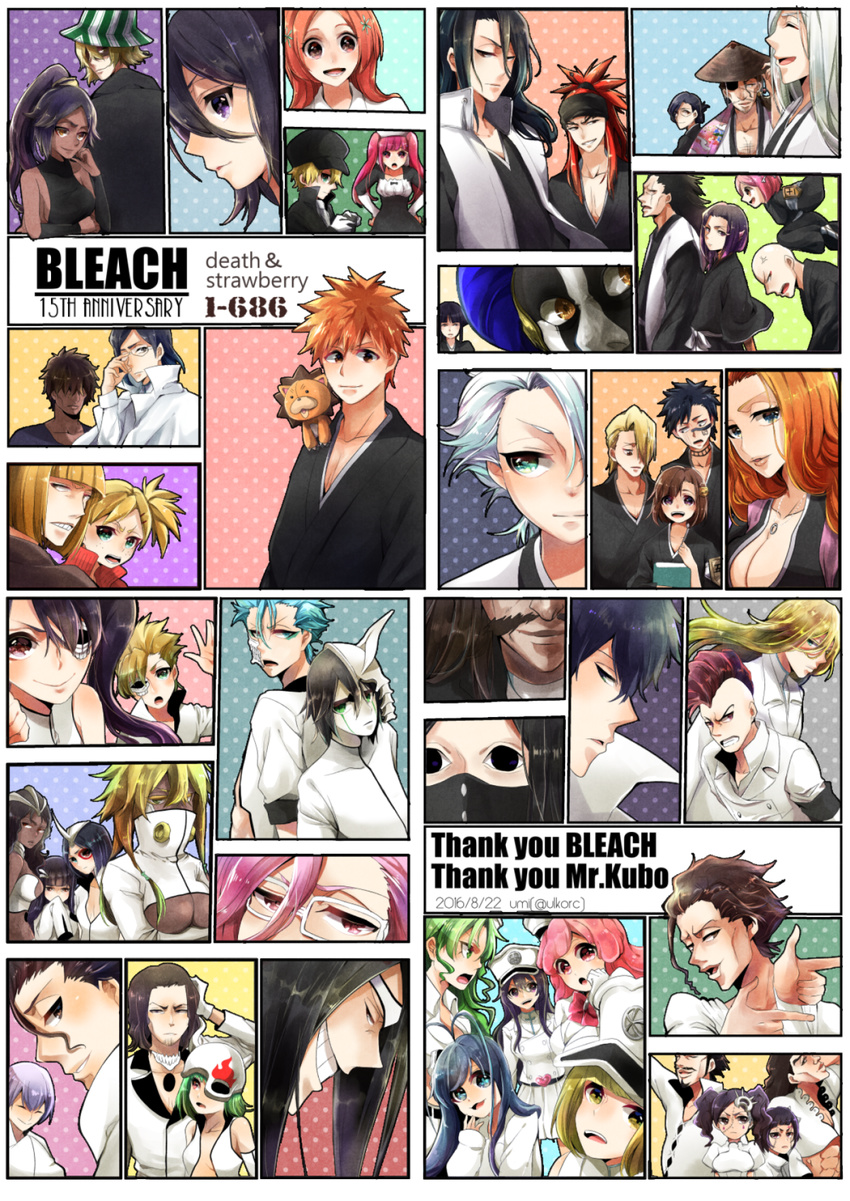 6+boys 6+girls abarai_ichika adjusting_eyewear ahoge aizen_sousuke ajirogasa anniversary armband arrancar askin_nakk_le_vaar ayasegawa_yumichika bad_id bad_pixiv_id badge bald bambietta_basterbine bandana bazz-b black_hair bleach bleach:_epilogue bleach:_the_thousand-year_blood_war blonde_hair blue_eyes book breasts brown_eyes brown_hair candice_catnipp cang_du cape charlotte_chuhlhourne cirucci_sanderwicci cleavage closed_eyes copyright_name coyote_starrk cyan_sung-sun dark_skin dated dokugamine_riruka dordoni_alessandro_del_socaccio emilou_apacci eyepatch facepaint facial_hair facial_mark facial_tattoo finger_gun franceska_mila_rose fukutaichou_badge fullbringer giselle_gewelle glasses goatee green_eyes green_hair grimmjow_jaegerjaquez grin hair_ornament hair_over_one_eye hairclip hands_on_hips haori hat helmet heterochromia highres hinamori_momo hirako_shinji hisagi_shuuhei hitsugaya_toushirou horn ichimaru_gin inoue_orihime ise_nanao ishida_uryuu japanese_clothes jugram_haschwalth kira_izuru kon kuchiki_byakuya kuchiki_rukia kurosaki_ichigo kurotsuchi_mayuri kurotsuchi_nemu kusajishi_yachiru kyouraku_shunsui large_breasts laughing liltotto_lamperd lilynette_gingerbuck loly_aivirrne long_hair luppi_antenor madarame_ikkaku mask matsumoto_rangiku meninas_mcallon menoly_mallia military military_uniform mohawk multiple_boys multiple_girls mustache nnoitra_gilga orange_hair peaked_cap pink_eyes pink_hair ponytail purple_eyes purple_hair red_hair sado_yasutora sarugaki_hiyori shihouin_yoruichi short_hair short_twintails silver_hair smile spiked_hair striped_hat stubble szayelaporro_granz taichou_haori tattoo thank_you tier_harribel twintails twitter_username ukitake_juushirou ulquiorra_cifer umi_(pixiv6861961) underboob uniform wandenreich white_hair yellow_eyes yhwach yukio_hans_vorarlberna zaraki_kenpachi