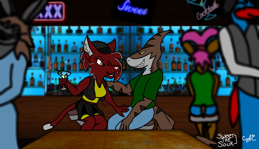 alcohol anthro bar bedroom_eyes beverage breasts cat clothed clothing cyiancefiction drinking feline female fish half-closed_eyes mammal marine seductive shark simple_background stripes sweetthesour teeth tiger_shark