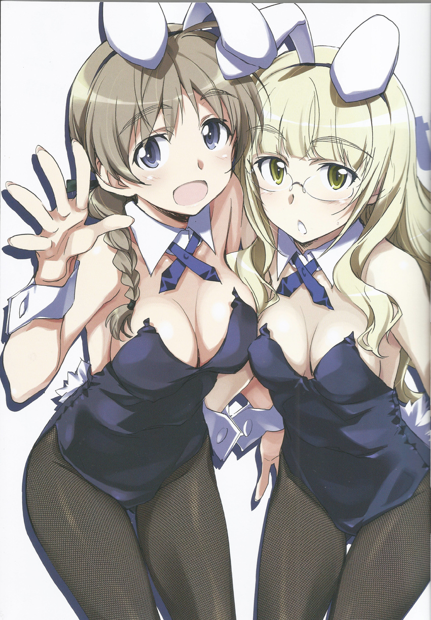 absurdres animal_ears blonde_hair blue_eyes blush braid breasts bunny_ears bunny_girl bunnysuit cleavage glasses highres kurashima_tomoyasu light_brown_hair long_hair lynette_bishop medium_breasts multiple_girls open_mouth pantyhose perrine_h_clostermann scan simple_background small_breasts strike_witches tail white_background world_witches_series wrist_cuffs yellow_eyes