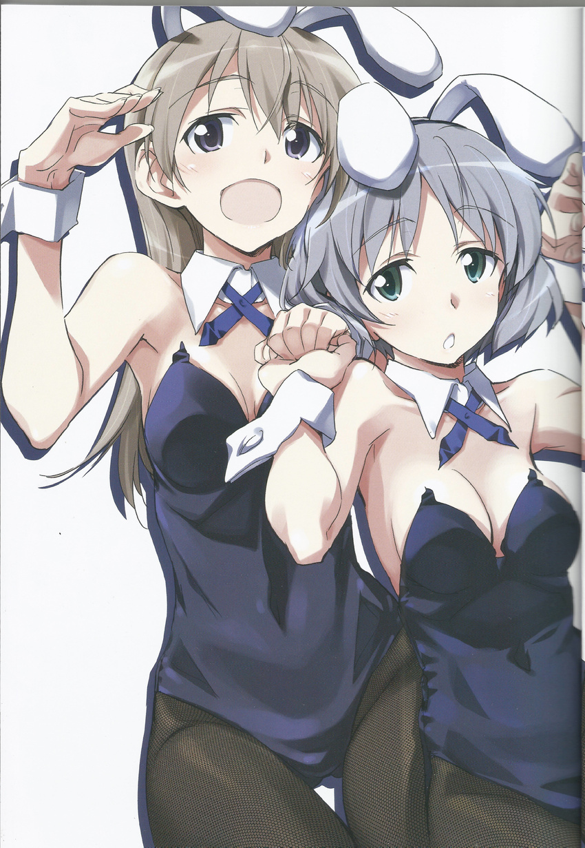 absurdres animal_ears blonde_hair blush breasts bunny_ears bunny_girl bunny_pose bunnysuit cleavage eila_ilmatar_juutilainen green_eyes highres kurashima_tomoyasu long_hair medium_breasts multiple_girls open_mouth pantyhose purple_eyes sanya_v_litvyak scan short_hair silver_hair simple_background strike_witches white_background world_witches_series wrist_cuffs