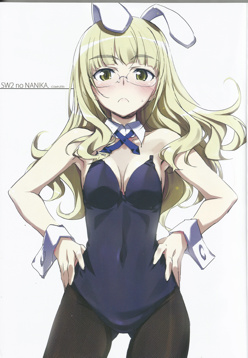 absurdres animal_ears ass blonde_hair blush breasts bunny_ears bunny_girl bunnysuit cleavage glasses highres kurashima_tomoyasu long_hair pantyhose perrine_h_clostermann scan simple_background small_breasts solo strike_witches white_background world_witches_series wrist_cuffs yellow_eyes