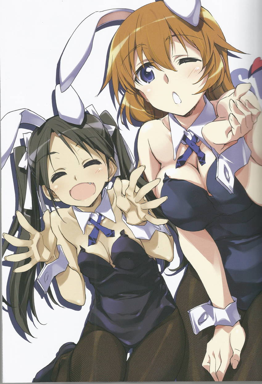 absurdres animal_ears black_hair blue_eyes blush breasts bunny_ears bunny_girl bunnysuit charlotte_e_yeager cleavage closed_eyes francesca_lucchini hair_ribbon highres kurashima_tomoyasu large_breasts long_hair multiple_girls one_eye_closed open_mouth orange_hair pantyhose ribbon scan simple_background strike_witches twintails white_background world_witches_series wrist_cuffs