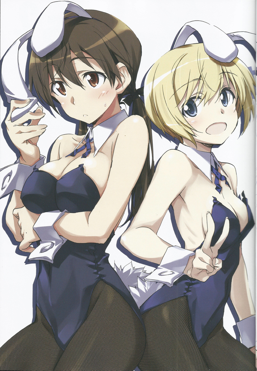 absurdres animal_ears blonde_hair blue_eyes blush breasts brown_eyes brown_hair bunny_ears bunny_girl bunnysuit cleavage erica_hartmann gertrud_barkhorn hair_ribbon highres kurashima_tomoyasu medium_breasts multiple_girls pantyhose ribbon scan simple_background small_breasts strike_witches tail twintails white_background world_witches_series wrist_cuffs