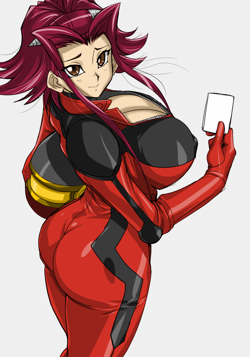 1girl ass biker_clothes bikesuit blush bodysuit breasts card_game cleavage clothed_nipples erect_nipples female from_above hair_intakes helmet hikawadou huge_ass huge_breasts izayoi_aki light_smile looking_at_viewer nipples red_eyes red_hair shiny shiny_clothes shiny_hair short_hair smile solo unzipped yu-gi-oh! yuu-gi-ou_5d's