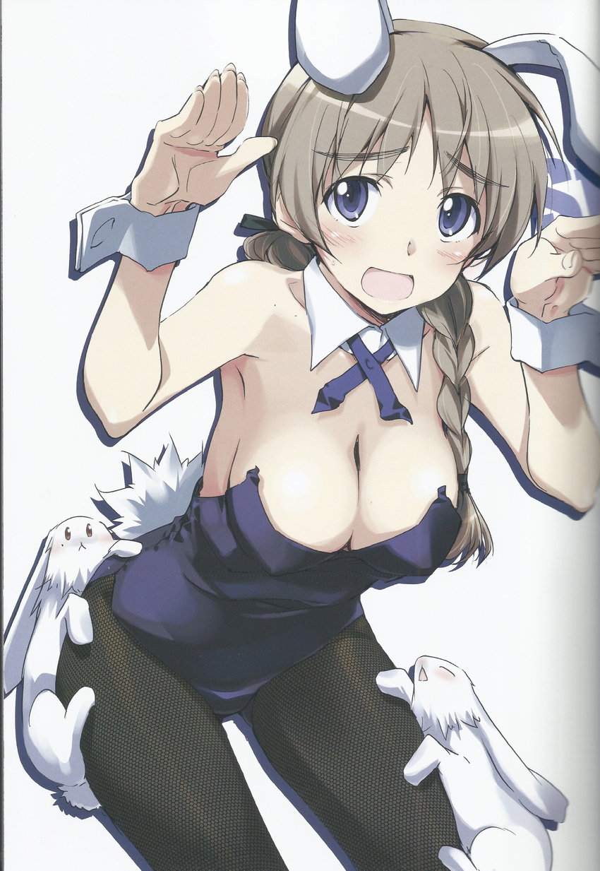 absurdres animal_ears blue_eyes blush braid breasts bunny_ears bunny_girl bunny_pose bunnysuit cleavage highres kurashima_tomoyasu light_brown_hair long_hair lynette_bishop medium_breasts open_mouth pantyhose scan simple_background solo strike_witches tail white_background world_witches_series wrist_cuffs