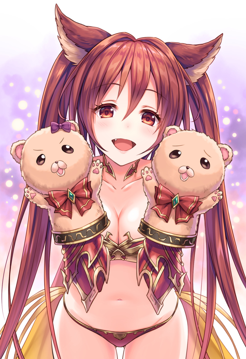 1girl :d animal_ears bangs bare_shoulders blush bow breasts cerberus_(shingeki_no_bahamut) cleavage collarbone dog_ears eyebrows_visible_through_hair fang gluteal_fold granblue_fantasy hair_between_eyes hand_puppet highres large_breasts lips long_hair looking_at_viewer navel open_mouth puppet red_bow red_eyes red_hair shingeki_no_bahamut smile solo standing thigh_gap tomo_(user_hes4085) twintails very_long_hair