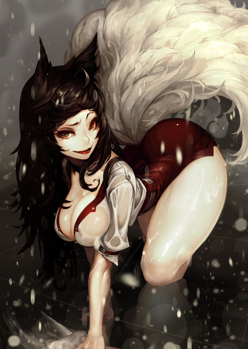 ahri all_fours alternate_costume animal_ears bangs belt breasts brown_eyes brown_hair buttons choker cleaning cleavage closed_mouth duto eyelashes eyeshadow fox_ears fox_tail highres large_breasts league_of_legends lips lipstick long_hair looking_at_viewer makeup mascara miniskirt multiple_tails on_floor pale_skin pencil_skirt rag red_lips red_lipstick red_skirt reflective_floor see-through shirt short_sleeves side_slit skin_tight skirt smile solo tail thighs unbuttoned water_drop wet wet_clothes