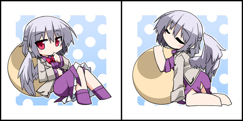 blush chibi closed_eyes covering_mouth cushion eyebrows eyebrows_visible_through_hair hemogurobin_a1c jacket kishin_sagume kneeling looking_at_viewer multiple_views open_clothes open_jacket red_eyes silver_hair single_wing sitting touhou wings