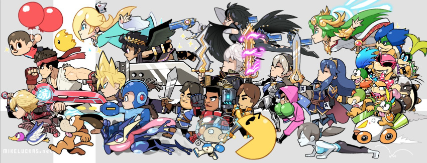 6+girls amulet android ankle_gun arm_cannon armor bare_shoulders bayonetta bayonetta_(character) bayonetta_2 black_hair blonde_hair blue_cape blue_eyes blue_hair blush boxer boxing_gloves breasts brown_hair buster_sword capcom cape chibi chiko_(mario) cloud_strife creatures_(company) crown dark_pit doubutsu_no_mori dougi dress earrings falchion_(fire_emblem) female_my_unit_(fire_emblem_if) final_fantasy final_fantasy_vii fingerless_gloves fire_emblem fire_emblem:_kakusei fire_emblem_if game_freak gen_6_pokemon gloves green_eyes green_hair greninja hair_between_eyes hair_ornament hair_over_one_eye hairband headband highres jewelry kid_icarus kid_icarus_uprising larry_koopa little_mac long_hair lucina male_my_unit_(fire_emblem:_kakusei) mamkute mario_(series) mike_luckas mole mole_under_mouth monado multiple_boys multiple_girls muscle my_unit_(fire_emblem:_kakusei) my_unit_(fire_emblem_if) nintendo open_mouth pac-man palutena pointy_ears pokemon pokemon_(creature) pokemon_(game) pokemon_xy ponytail punch-out!! quadruple_wielding red_eyes robot rockman rockman_(character) rockman_(classic) rosetta_(mario) roy_koopa ryuu_(street_fighter) scarf short_hair shulk silver_hair smile star star_earrings street_fighter street_fighter_ii_(series) super_mario_bros. super_mario_galaxy super_smash_bros. super_smash_bros._ultimate sword thighhighs tiara tongue very_long_hair villager_(doubutsu_no_mori) weapon wendy_koopa white_hair wii_fit wii_fit_trainer wings xenoblade_(series) xenoblade_1