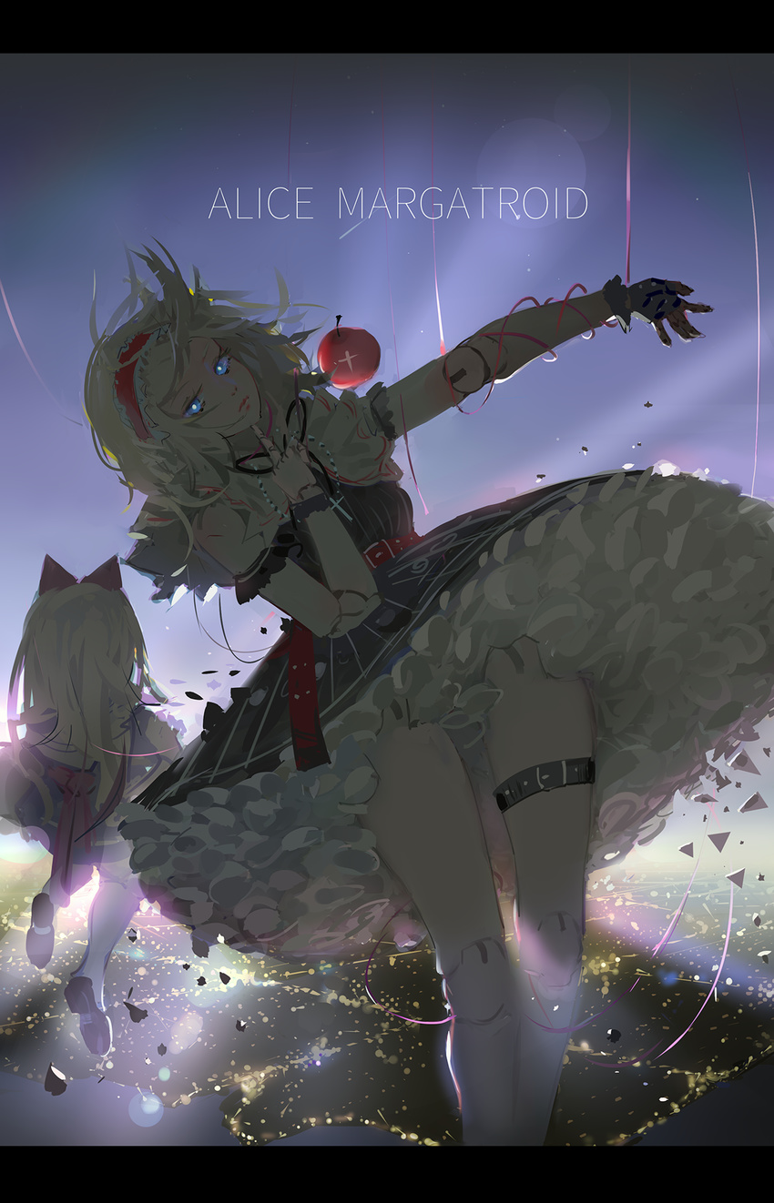 alice_margatroid apple backlighting belt blonde_hair blue_dress blue_eyes capelet character_name cityscape cross cross_necklace doll doll_joints dress flying food fruit hairband highres hoshimawa jewelry letterboxed lolita_hairband looking_at_viewer middle_finger necklace petticoat puppet_strings shanghai_doll short_hair short_sleeves socks thigh_strap touhou white_legwear