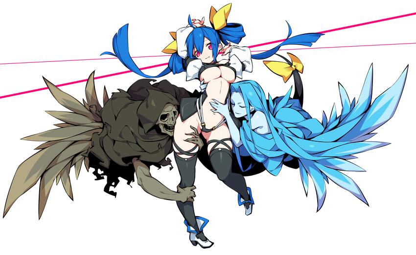 absurdres ahoge arms_up asymmetrical_wings bad_id bad_pixiv_id bare_shoulders blue_hair bow breasts dizzy guilty_gear hair_bow hand_on_another's_stomach highres kaki_gohri large_breasts long_hair looking_at_viewer navel necro_(guilty_gear) open_mouth red_eyes ribbon skull tail tail_ribbon teeth thighhighs twintails underboob undine_(guilty_gear) wings yellow_ribbon