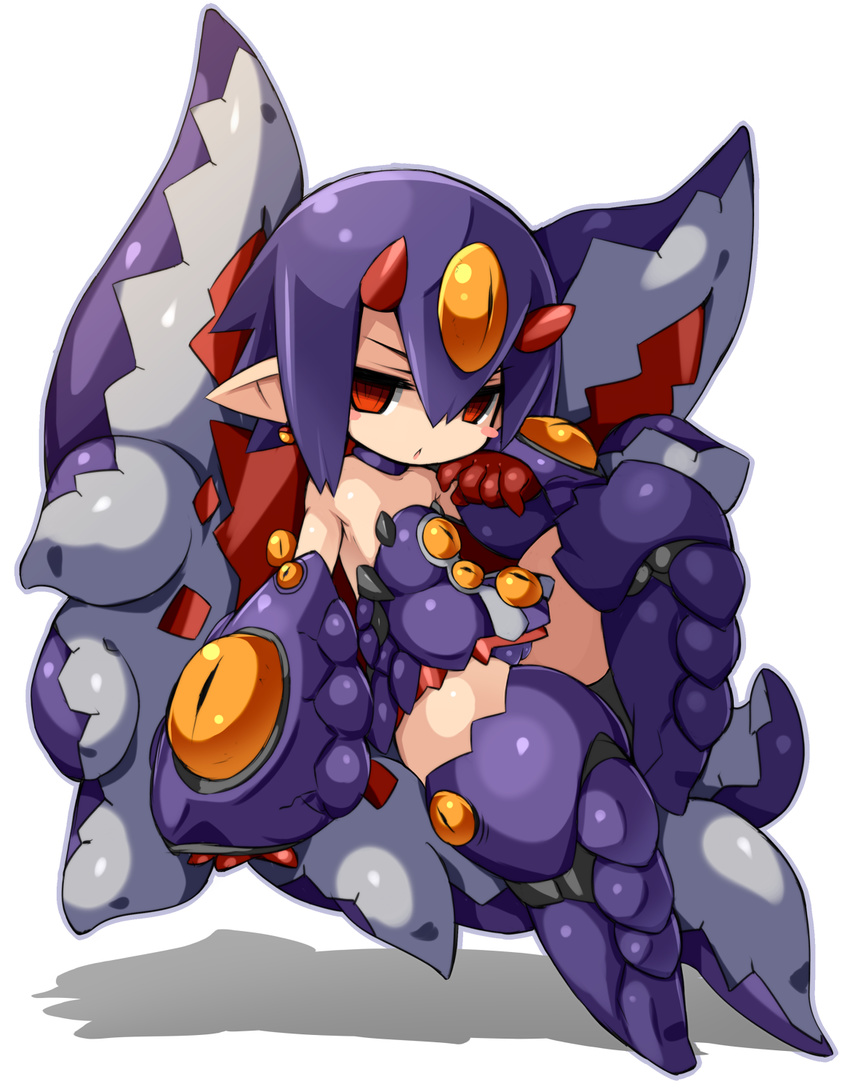 :o blush_stickers boots choker desco_(disgaea) disgaea earrings highres horns jewelry karukan_(monjya) looking_at_viewer makai_senki_disgaea_4 monster_girl pointy_ears purple_footwear purple_hair red_eyes short_hair smile solo thigh_boots thighhighs