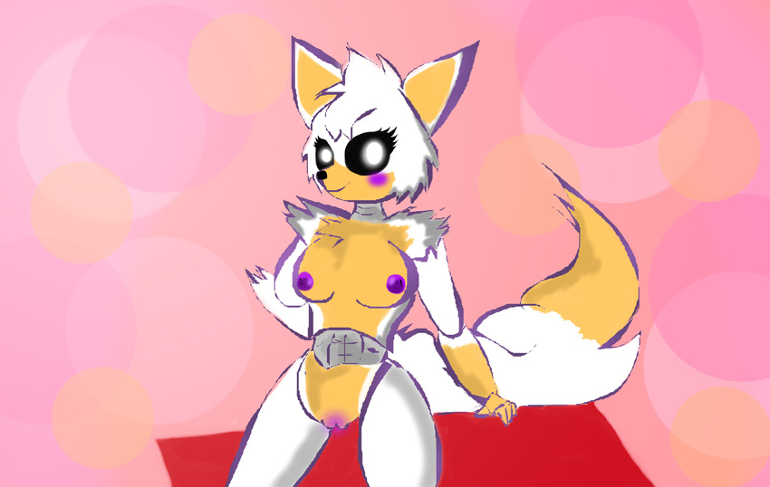 2016 absurd_res animal_humanoid animatronic anthro black_nose breasts canine digital_media_(artwork) e-01_(artist) female five_nights_at_freddy's five_nights_at_freddy's_world fox fur glowing glowing_eyes hair hi_res humanoid lolbit_(fnaf) looking_at_viewer machine mammal nipples nude orange_fur pink_background purple_nipples purple_pussy pussy robot simple_background smile solo tagme video_games white_fur