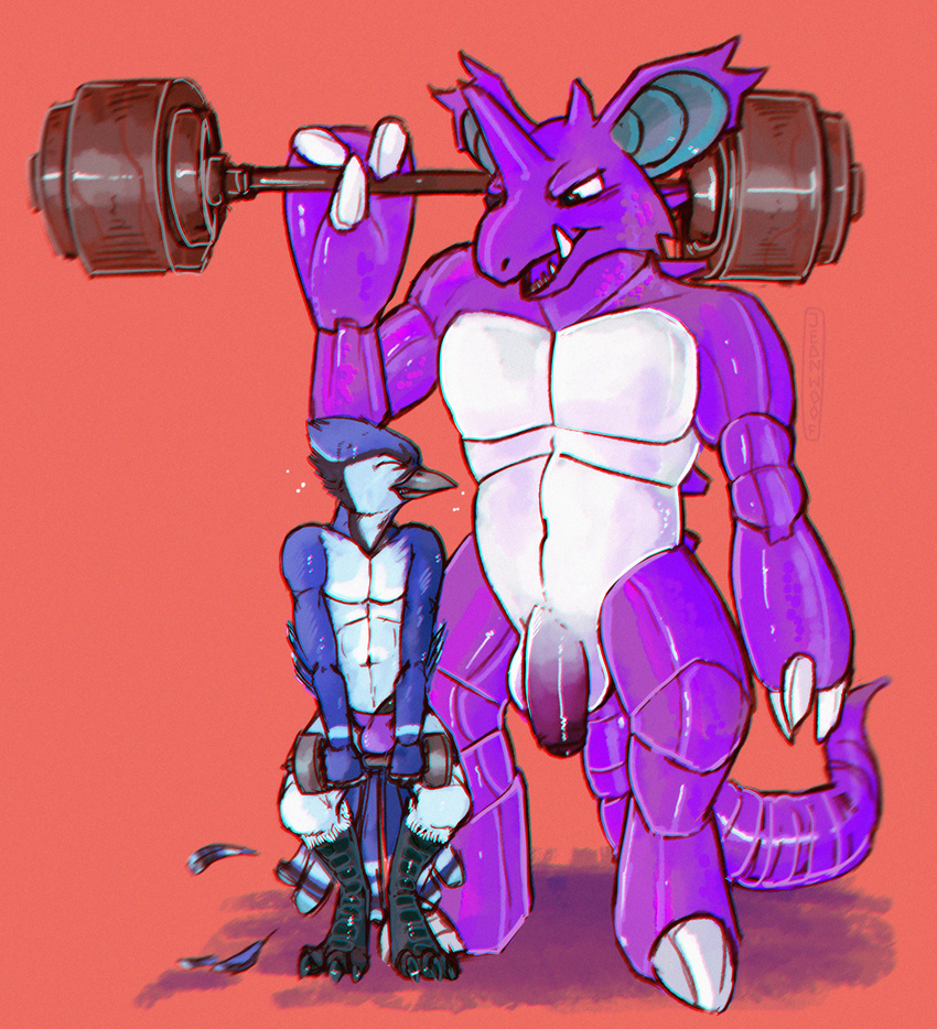 abs anthro avian beak claws digital_media_(artwork) duo exercise eyes_closed feathers fur hi_res humanoid_penis jeanwoof male multicolored_fur nidoking nintendo nude open_mouth penis pok&eacute;mon simple_background standing two_tone_fur video_games weightlifting weights workout