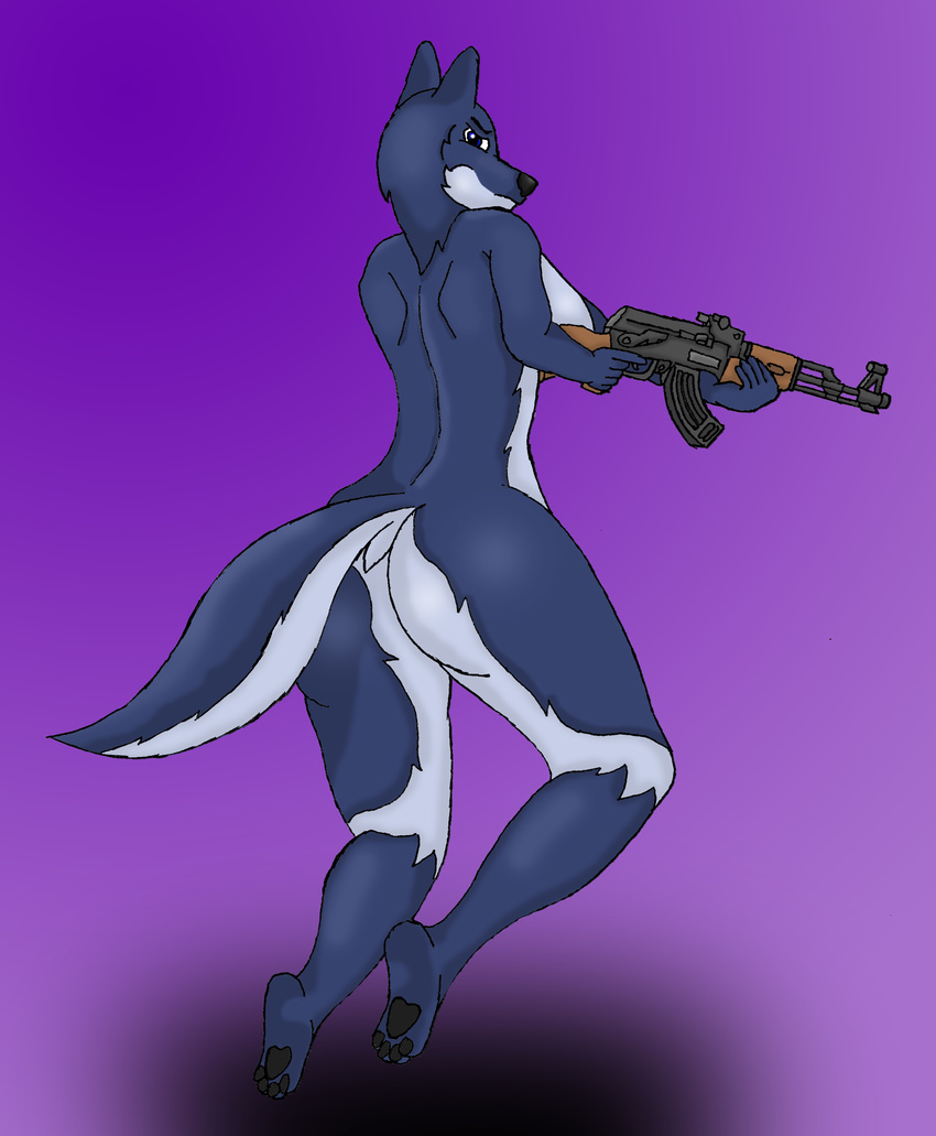 2016 ak-47 anthro assault_rifle blue_skin butt canine female gun hi_res humanoid looking_at_viewer mammal nude ranged_weapon rifle simple_background smr solo thick_thighs weapon wolf