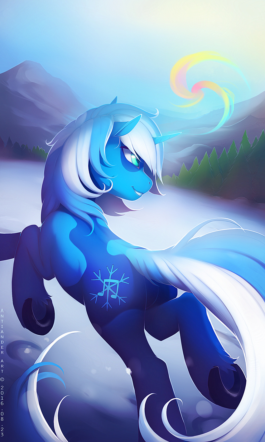 2016 antiander blue_eyes blue_fur cutie_mark day detailed_background equine fan_character feral fur hooves horn magic male mammal my_little_pony outside smile solo underhoof unicorn winter