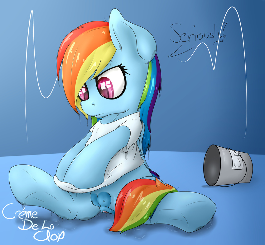 absurd_res bucket clitoris clothing cremedelaclop_(artist) equine female friendship_is_magic hair hi_res hooves horse mammal my_little_pony pegasus pony pussy rainbow_dash_(mlp) shirt solo spread_legs spreading water wet wet_mane wings