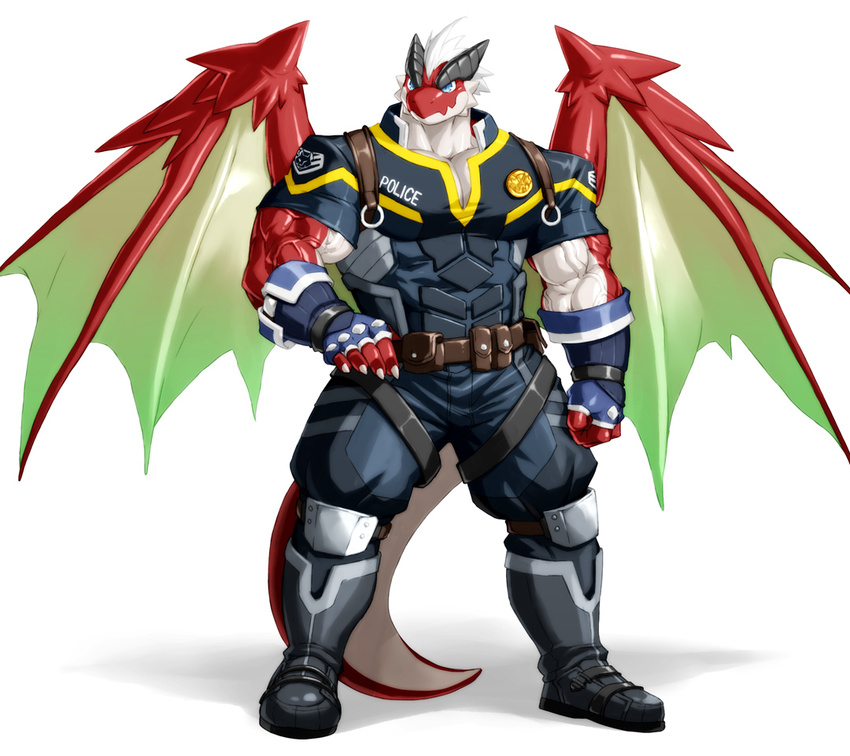 abs armor badge belt biceps big_muscles blue_eyes boots claws clothing dragon footwear gloves horn kuroma looking_at_viewer male muscular pecs police red_skin reptile scales scalie simple_background spikes thick_tail triceps white_skin wings