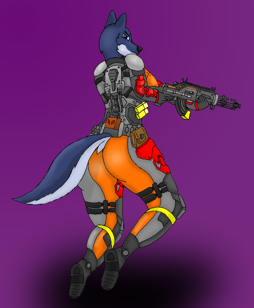 2016 anthro assault_rifle augmentation blue_skin butt canine clothed clothing cybernetics female future futuristic gun hi_res humanoid looking_at_viewer machine mammal ranged_weapon rifle simple_background smr solo thick_thighs weapon wolf