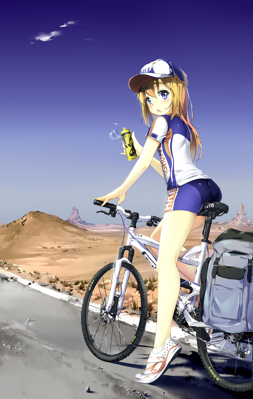 ass baseball_cap bicycle bike_jersey bike_shorts blonde_hair blue_eyes blue_sky blush bottle cloud day from_behind ground_vehicle hat highres long_hair looking_at_viewer looking_back open_mouth original outdoors riding road scenery shoes shuffle_(songdatiankong) sky sneakers solo water_bottle