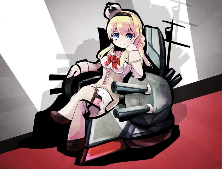 blonde_hair blue_eyes braid chibi crossed_legs french_braid hairband kantai_collection kuro_nasu long_hair looking_at_viewer machinery sitting smile solo turret warspite_(kantai_collection)