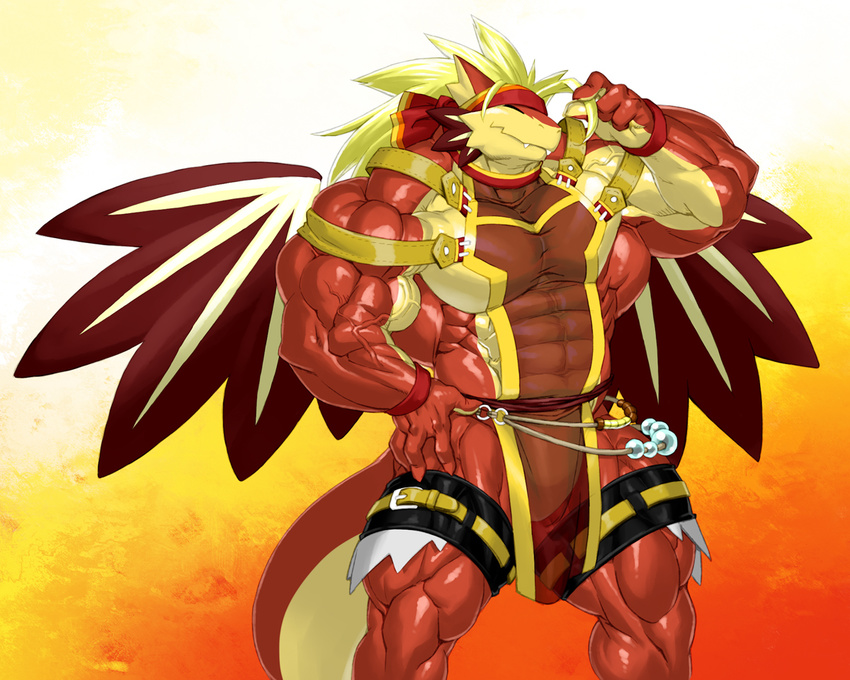 abs biceps big_muscles blonde_hair dragon eyes_closed flexing hair horn huge_muscles jewelry kuroma male muscular pecs pose quads reptile scalie see_trough_clothes sharp_teeth sixpack smile solo spikes teeth thick_tail triceps wide_hips wings