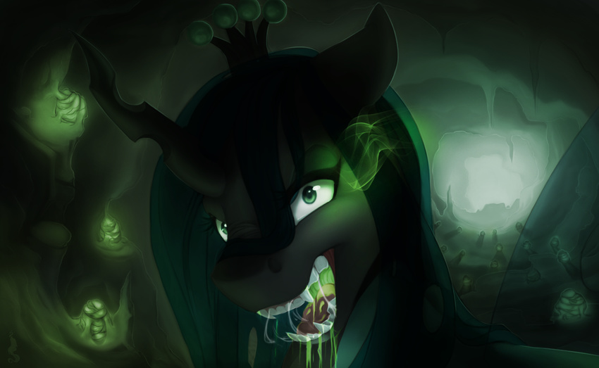 black_skin changeling female friendship_is_magic green_eyes hair horn my_little_pony open_mouth queen_chrysalis_(mlp) saliva silentwulv solo teeth tongue underground