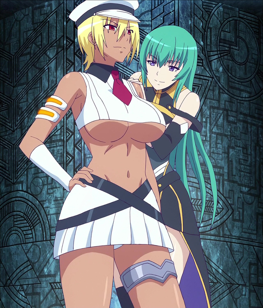 2girls aldea_(masou_gakuen_hxh) blonde_hair breasts dark_skin gravel_(masou_gakuen_hxh) green_hair large_breasts long_hair masou_gakuen_hxh multiple_girls panties purple_eyes red_eyes screencap short_hair short_skirt skirt smile standing stitched underboob uniform