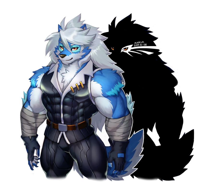 2019 anthro belt biceps canine cheong_hwan clothed clothing digital_media_(artwork) fingerless_gloves fur gloves hair hi_res male mammal muscular muscular_male simple_background solo wolf wolfmalro