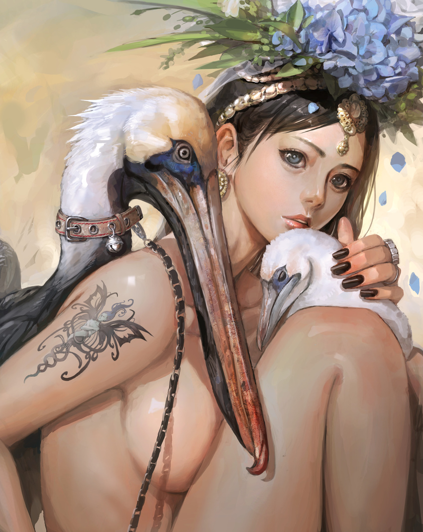 absurdres animal bird black_nails blue_eyes breast_press breasts brown_hair chain collar collarbone from_side head_wreath highres long_hair medium_breasts nail_polish original parted_lips petals realistic shaonav sitting tattoo topless