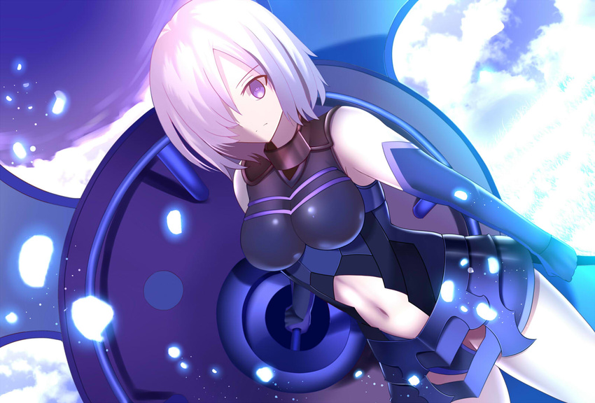 armor bodysuit breasts clouds elbow_gloves fate/grand_order fate_(series) gloves grass jpeg_artifacts matthew_kyrielite navel paperfinger purple_eyes short_hair skintight sky white_hair