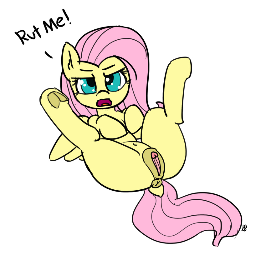 anus clitoris english_text equine fluttershy_(mlp) friendship_is_magic hair looking_at_viewer mammal my_little_pony navel open_mouth pabbley pegasus pink_hair pussy simple_background solo text tongue white_background wings