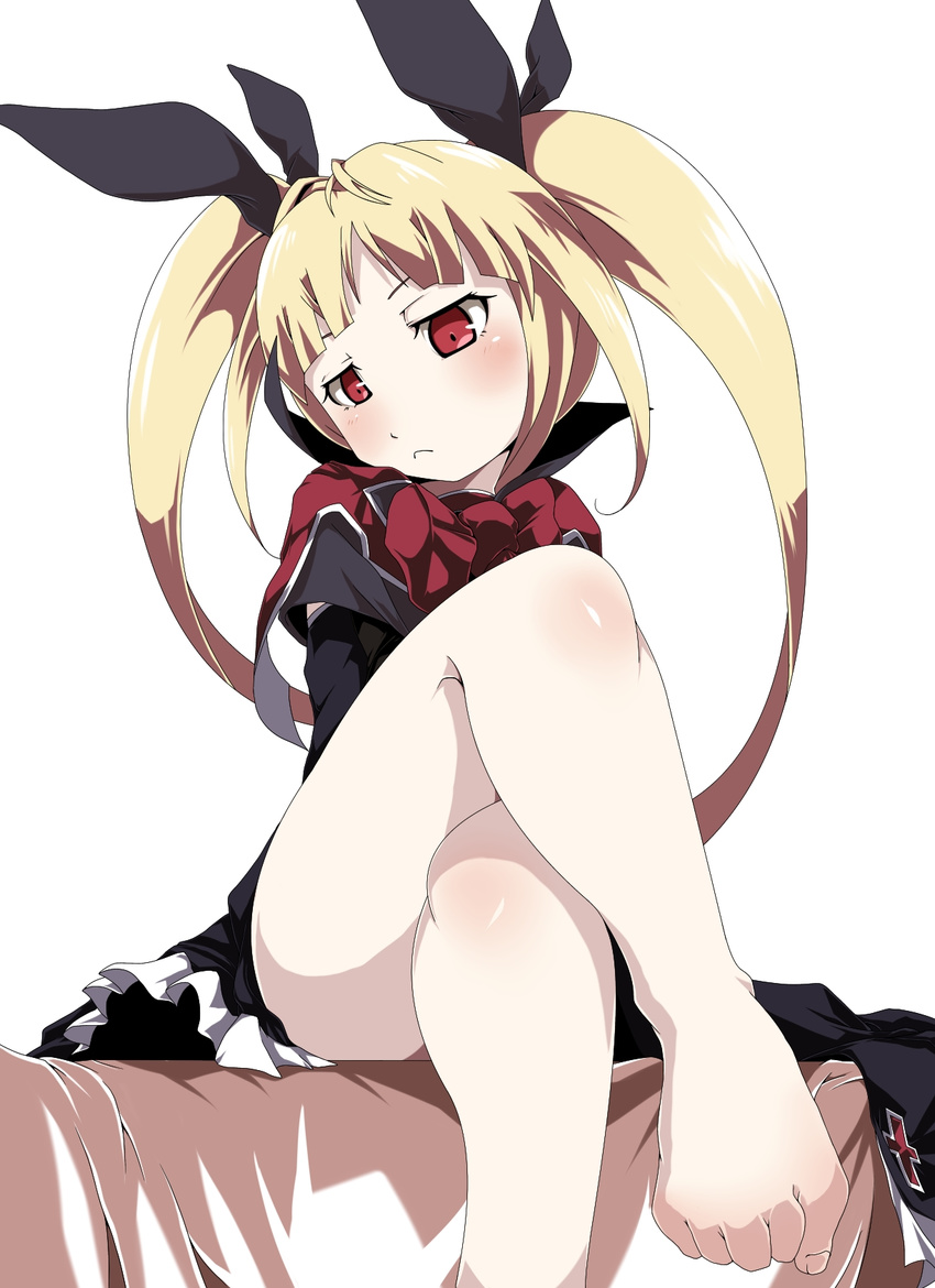 1girl barefoot blazblue blonde_hair blush bow diabolic-mario eyebrows feet female gothic_lolita hair_ornament hair_ribbon lolita_fashion long_twintails rachel_alucard ribbon shiny shiny_hair shiny_skin simple_background sitting solo vampire very_long_hair white_background