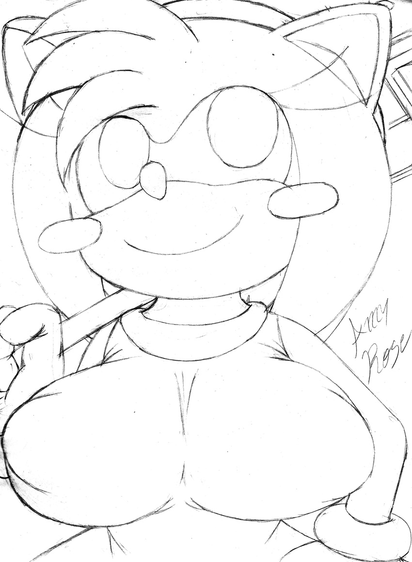 amy_rose big_breasts blush blush_sticker breasts clothing dress erected_nipples female hammer happy hedgehog huge_breasts ilovecosmo looking_up mammal monochrome semi-anthro sketch smile sonic_(series) text tools traditional_media_(artwork) video_games voluptuous young