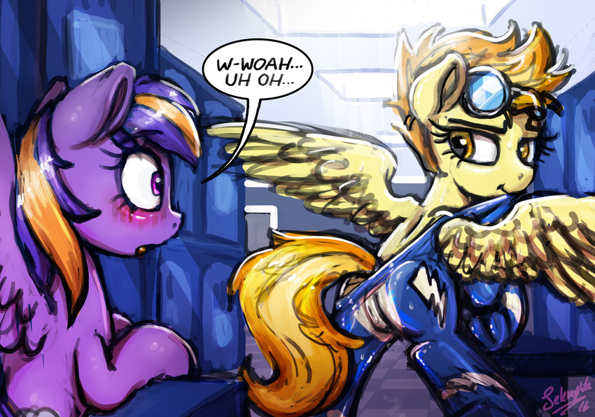 2016 blush clothed clothing dialogue duo english_text equine eyelashes eyewear fan_character feathered_wings feathers female feral friendship_is_magic goggles hair hi_res hooves inside mammal multicolored_hair my_little_pony pegasus selenophile spitfire_(mlp) text two_tone_hair wings wonderbolts_(mlp)