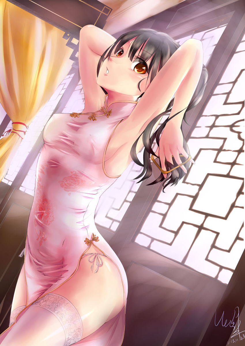 :o absurdres aoi_lavender architecture armpits arms_behind_head artist_name black_hair china_dress chinese_clothes covered_nipples curtains dress dutch_angle east_asian_architecture highres looking_at_viewer orange_eyes original panties pink_dress side-tie_panties solo taut_clothes taut_dress thighhighs tight_dress underwear