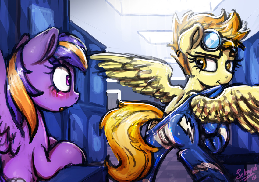 2016 blush clothed clothing duo equine eyelashes eyewear fan_character feathered_wings feathers female feral friendship_is_magic goggles hair hi_res hooves inside mammal multicolored_hair my_little_pony pegasus selenophile spitfire_(mlp) two_tone_hair wings wonderbolts_(mlp)