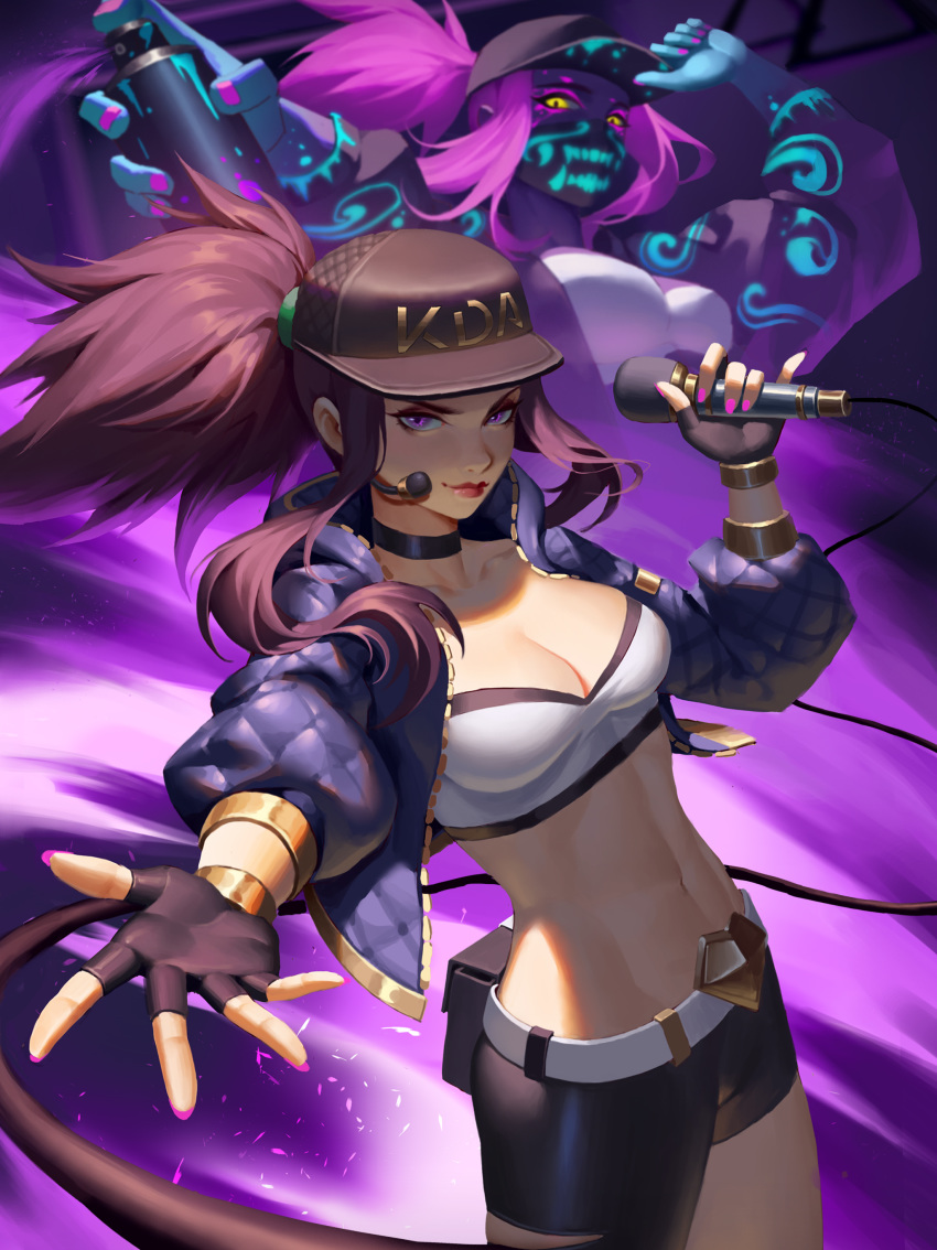 1girl absurdres akali baseball_cap belt black_shorts bracelet breasts brown_hair choker cleavage commentary_request hat highres holding holding_microphone idol jacket jewelry k/da_(league_of_legends) k/da_akali league_of_legends lipstick long_hair looking_at_viewer makeup mask medium_breasts microphone midriff nail_polish navel outstretched_hand ponytail purple_eyes shorts smile solo spray_can standing ultraviolet_light white_belt yus