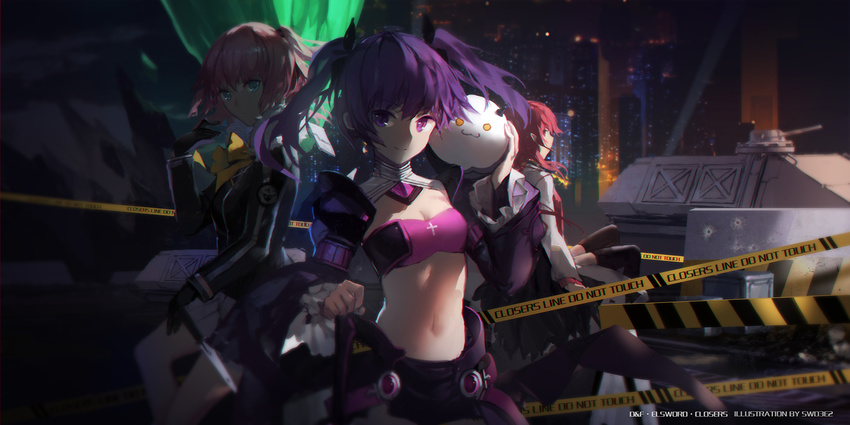 aisha_(elsword) angkor_(elsword) black_gloves black_legwear blue_eyes breasts cleavage closers dungeon_and_fighter elementalist_(dungeon_and_fighter) elsword gloves hair_ornament highres knife looking_at_viewer midriff multiple_girls navel pink_hair pointy_ears purple_eyes purple_hair red_eyes red_hair seulbi_lee sitting small_breasts strapless swd3e2 thighhighs twintails void_princess_(elsword)