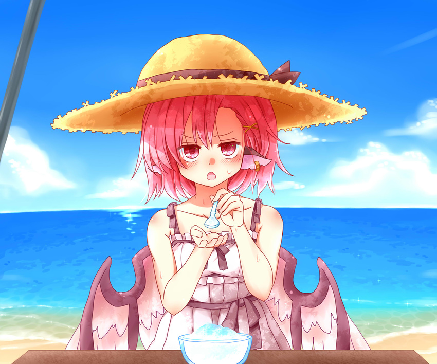 :o alternate_costume animal_ears beach bird_wings bowl dress feeding hat highres jewelry mystia_lorelei ocean pink_hair pov_feeding shaved_ice short_hair single_earring solo spoon sun_hat sundress sweat table totoharu_(kujirai_minato) touhou v-shaped_eyebrows wings