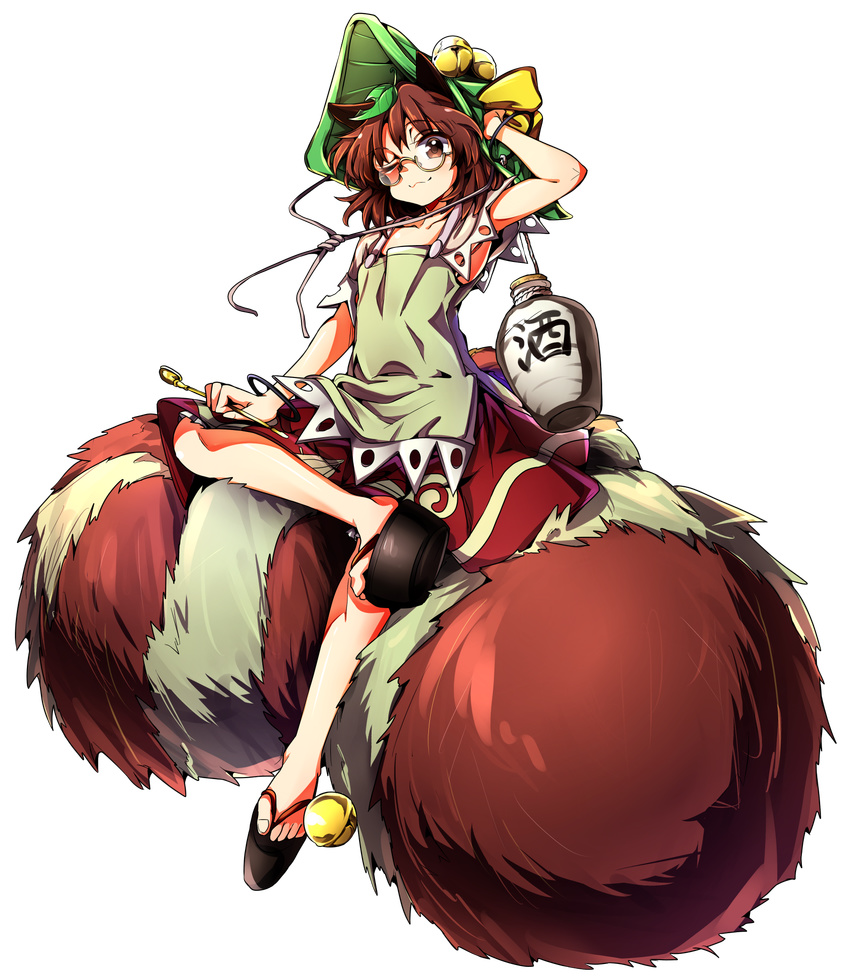 ;3 adjusting_clothes adjusting_hat animal_ears arm_up armpits baba_(baba_seimaijo) bare_shoulders bell blush bracelet brown_skirt chemise collarbone commentary_request detached_sleeves flat_chest full_body futatsuiwa_mamizou glasses gourd green_hat hat hat_ribbon highres holding holding_pipe jewelry jingle_bell kiseru leaf leaf_on_head looking_at_viewer pipe raccoon_ears raccoon_tail ribbon sandals semi-rimless_eyewear short_hair short_sleeves skirt smile solo tachi-e tail touhou transparent_background under-rim_eyewear white-framed_eyewear yellow_ribbon