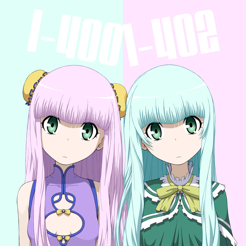 aoki_hagane_no_arpeggio breasts bun_cover character_name chinese_clothes cleavage_cutout double_bun dress green_eyes green_hair hair_bun head_tilt i-400_(aoki_hagane_no_arpeggio) i-402_(aoki_hagane_no_arpeggio) kamo_3 long_hair looking_at_viewer multiple_girls neck_ribbon purple_hair ribbon shawl small_breasts upper_body