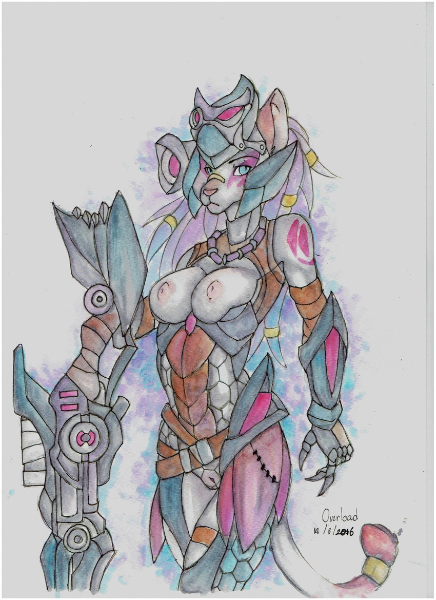 2016 anthro armor breasts clothed clothing fur overload pussy simple_background tagme traditional_media_(artwork) weapon white_background