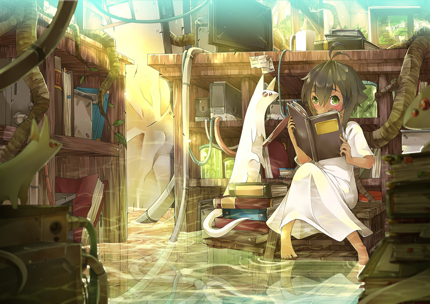 absurdres book bookshelf brown_hair coffee_mug covering_mouth cup dress ely flood green_eyes highres jar monitor mug only_human original short_hair sinlaire water white_dress