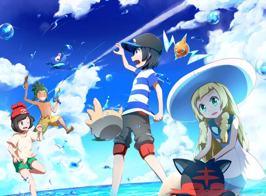 2girls bangs bare_legs baseball_cap beanie black_hair blonde_hair blue_eyes blue_sky braid cloud day dress gen_4_pokemon gen_7_pokemon green_eyes grin hat hau_(pokemon) horizon lillie_(pokemon) litten long_hair mizuki_(pokemon) multiple_boys multiple_girls ocean one_eye_closed outdoors pokemon pokemon_(creature) pokemon_(game) pokemon_sm popplio red_hat rotom rotom_dex rowlet shirogane_yu shirt short_hair short_shorts shorts sky sleeveless sleeveless_dress smile splashing striped striped_shirt sun_hat swept_bangs t-shirt twin_braids wading water water_gun white_dress you_(pokemon)