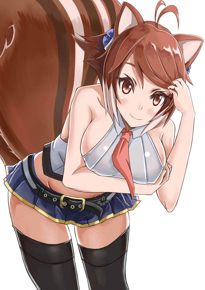 airi_rei animal_ears antenna_hair bare_shoulders black_legwear blazblue blue_skirt breast_hold breasts brown_eyes brown_hair cosplay cowboy_shot hair_ornament highres large_breasts leaning_forward makoto_nanaya midriff miniskirt multicolored_hair necktie noel_vermillion noel_vermillion_(cosplay) sideboob simple_background skirt sleeveless smile solo squirrel_ears squirrel_tail tail thighhighs two-tone_hair